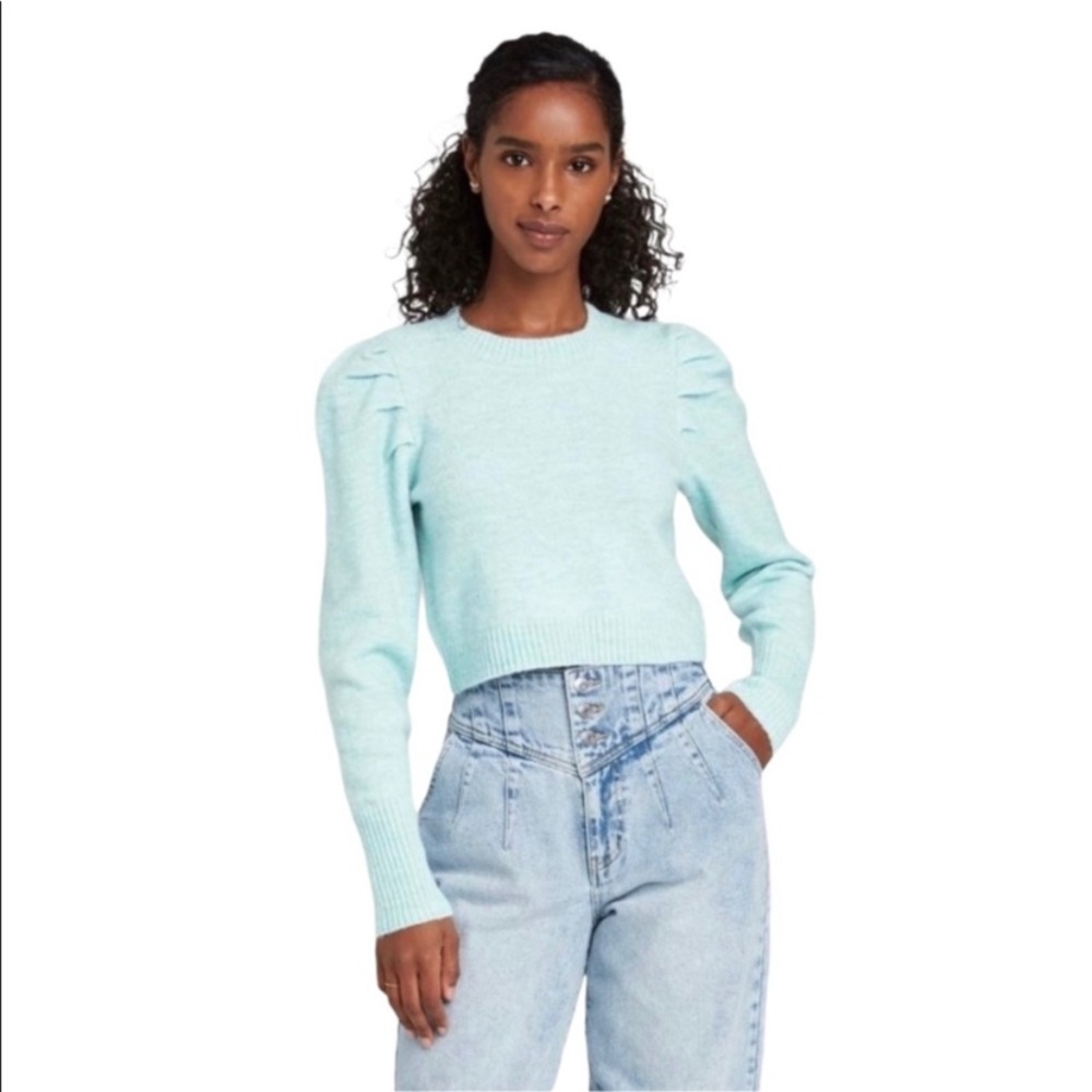 Wild Fable Light Blue Cropped Long Puff Sleeve Sweater Large